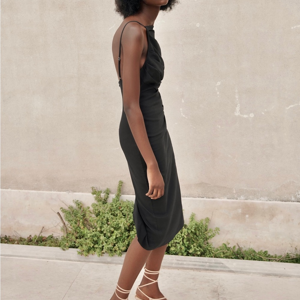 Zara NWOT square neck black ruched midi dress - Picture 5 of 13